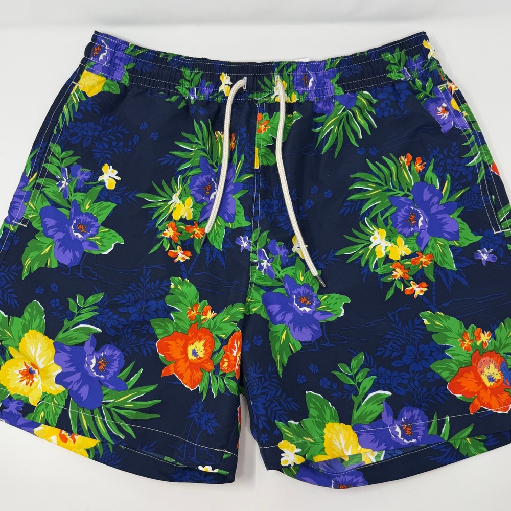 Polo Ralph Lauren Traveler Swim Trunks Mens Medium Navy Blue Floral Tropical 6in